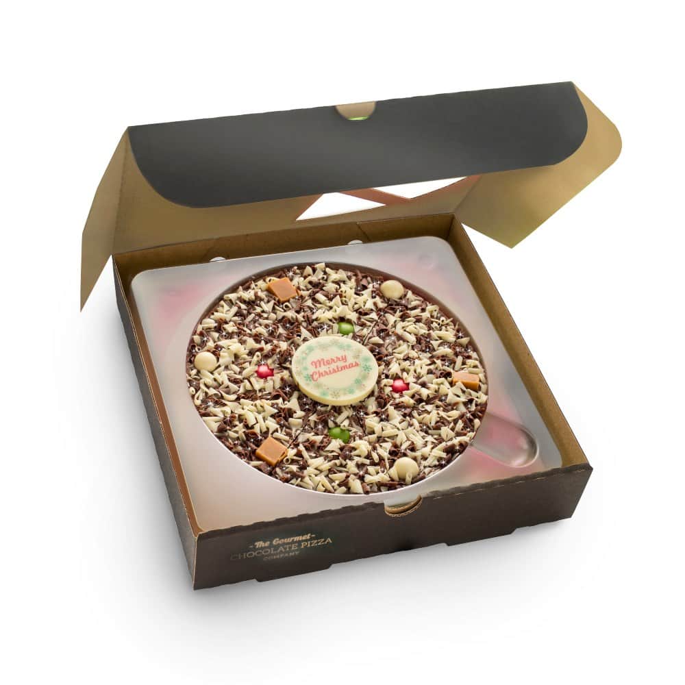 7" Christmas Pizza is presented in a stylish black pizza box with festive -themed strap.